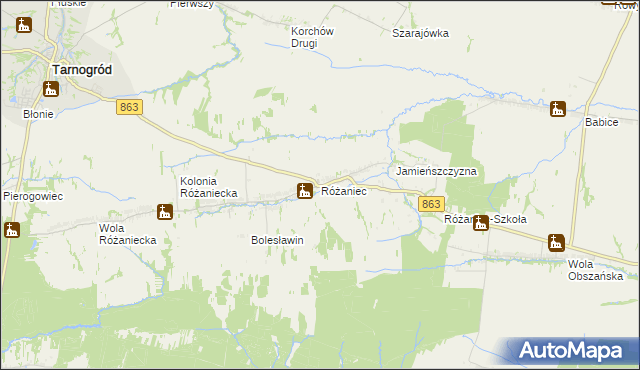 mapa Różaniec gmina Tarnogród, Różaniec gmina Tarnogród na mapie Targeo