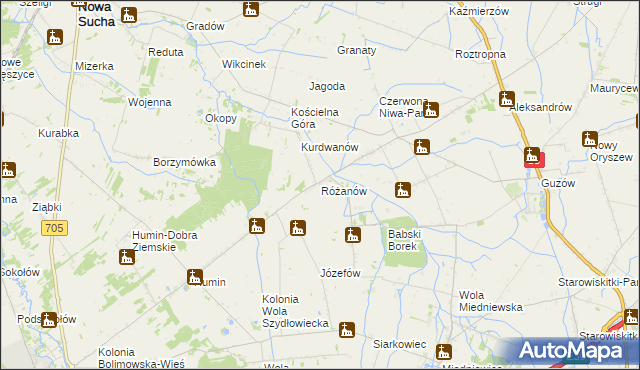 mapa Różanów gmina Wiskitki, Różanów gmina Wiskitki na mapie Targeo