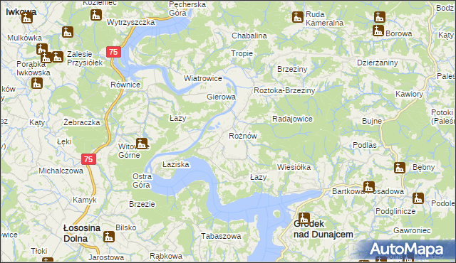 mapa Rożnów gmina Gródek nad Dunajcem, Rożnów gmina Gródek nad Dunajcem na mapie Targeo