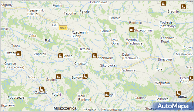 mapa Rożnowice gmina Biecz, Rożnowice gmina Biecz na mapie Targeo