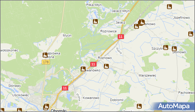 mapa Rożnowo gmina Oborniki, Rożnowo gmina Oborniki na mapie Targeo