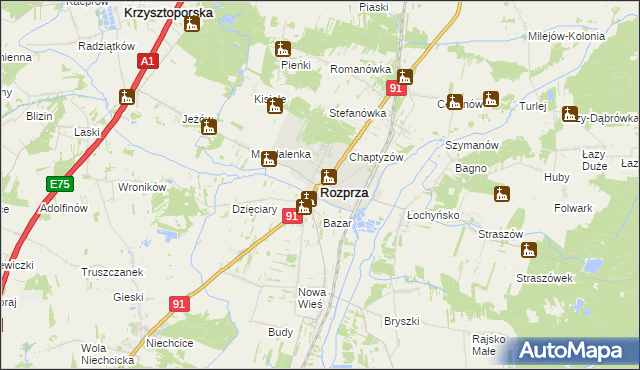 mapa Rozprza powiat piotrkowski, Rozprza powiat piotrkowski na mapie Targeo