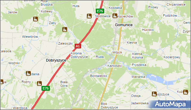 mapa Ruda gmina Dobryszyce, Ruda gmina Dobryszyce na mapie Targeo