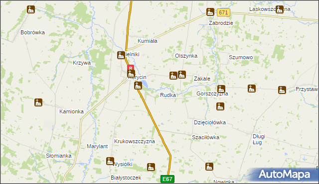 mapa Rudka gmina Korycin, Rudka gmina Korycin na mapie Targeo