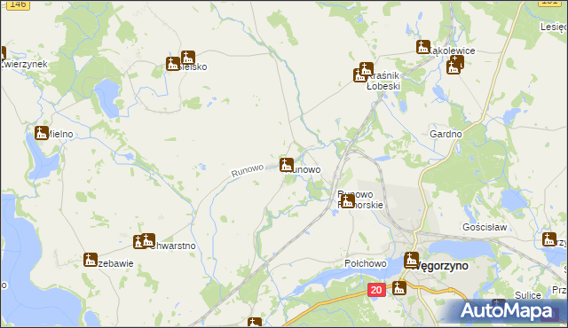 mapa Runowo gmina Węgorzyno, Runowo gmina Węgorzyno na mapie Targeo