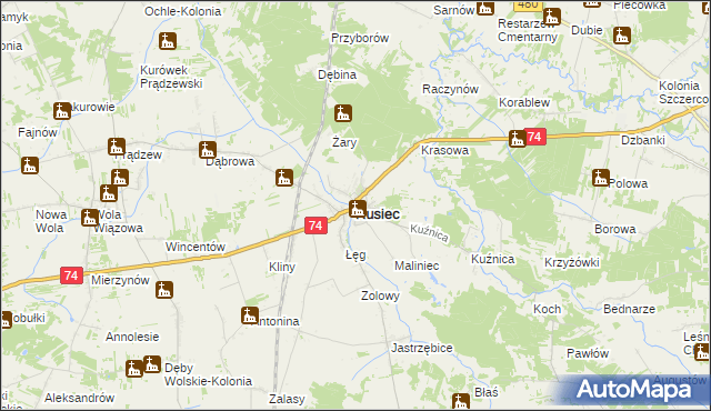 mapa Rusiec powiat bełchatowski, Rusiec powiat bełchatowski na mapie Targeo