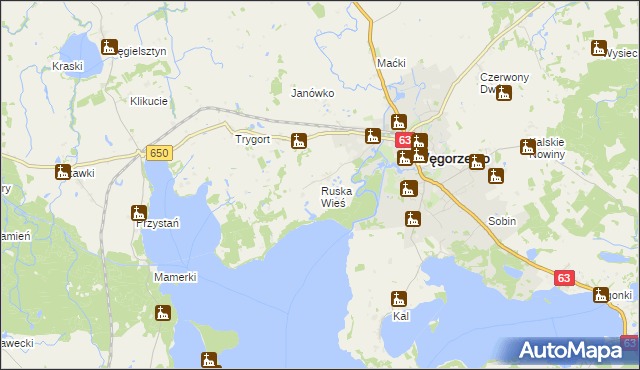 mapa Ruska Wieś gmina Węgorzewo, Ruska Wieś gmina Węgorzewo na mapie Targeo