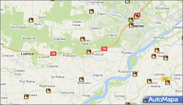 mapa Ruszcza gmina Połaniec, Ruszcza gmina Połaniec na mapie Targeo