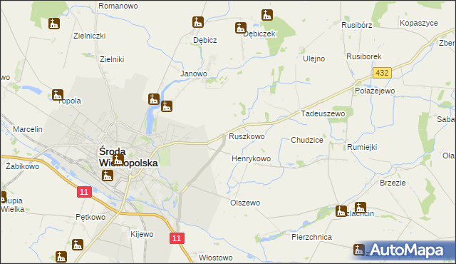 mapa Ruszkowo gmina Środa Wielkopolska, Ruszkowo gmina Środa Wielkopolska na mapie Targeo