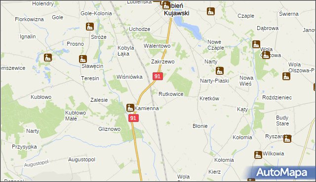 mapa Rutkowice gmina Lubień Kujawski, Rutkowice gmina Lubień Kujawski na mapie Targeo