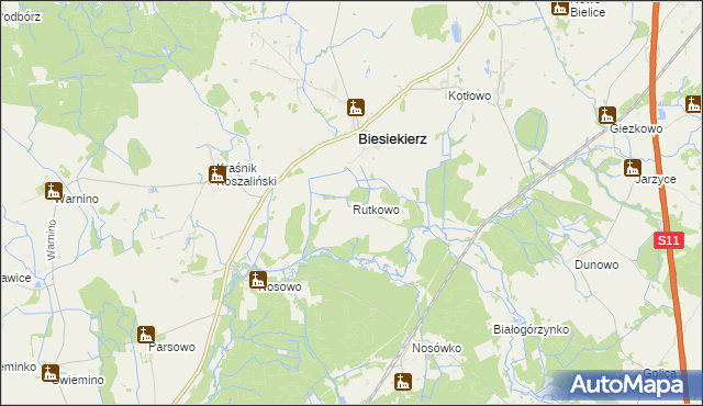 mapa Rutkowo gmina Biesiekierz, Rutkowo gmina Biesiekierz na mapie Targeo