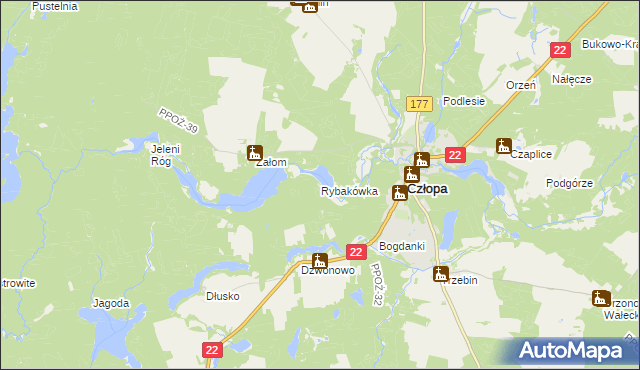 mapa Rybakówka gmina Człopa, Rybakówka gmina Człopa na mapie Targeo