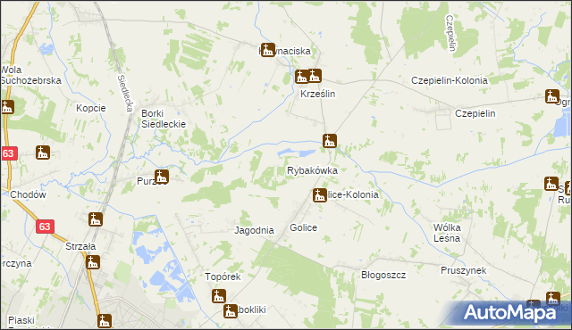 mapa Rybakówka gmina Siedlce, Rybakówka gmina Siedlce na mapie Targeo