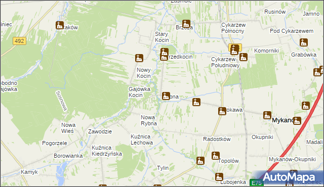 mapa Rybna gmina Mykanów, Rybna gmina Mykanów na mapie Targeo