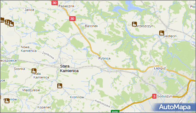 mapa Rybnica gmina Stara Kamienica, Rybnica gmina Stara Kamienica na mapie Targeo