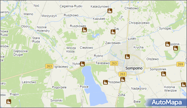 mapa Rybno gmina Wierzbinek, Rybno gmina Wierzbinek na mapie Targeo
