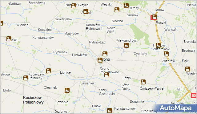 mapa Rybno powiat sochaczewski, Rybno powiat sochaczewski na mapie Targeo