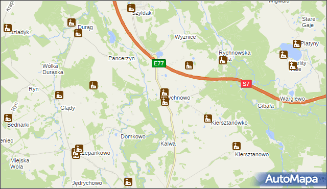 mapa Rychnowo gmina Grunwald, Rychnowo gmina Grunwald na mapie Targeo