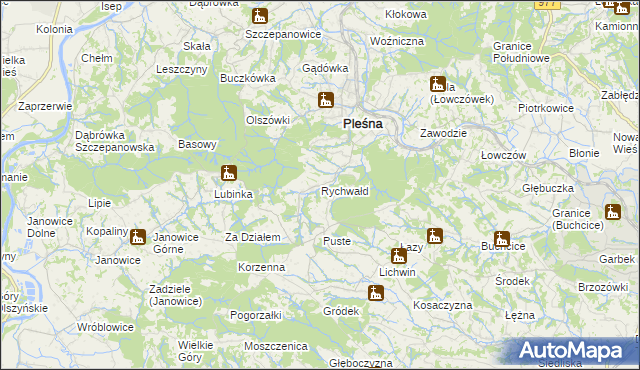 mapa Rychwałd gmina Pleśna, Rychwałd gmina Pleśna na mapie Targeo