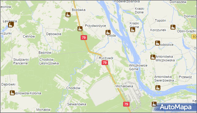 mapa Ryczywół gmina Kozienice, Ryczywół gmina Kozienice na mapie Targeo