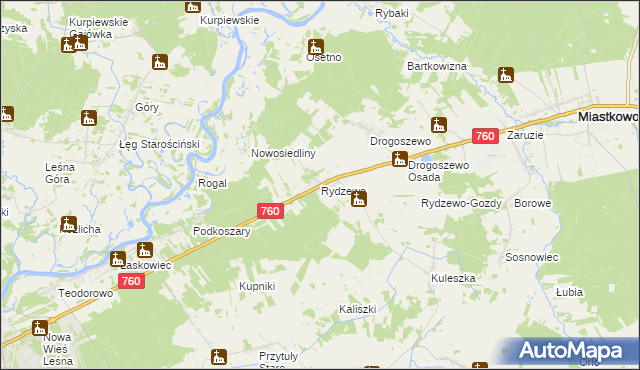 mapa Rydzewo gmina Miastkowo, Rydzewo gmina Miastkowo na mapie Targeo