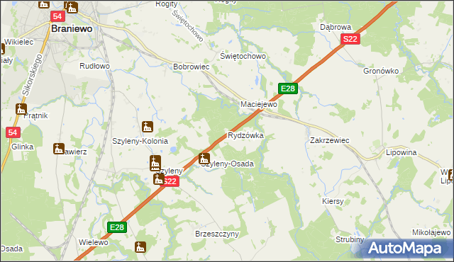 mapa Rydzówka gmina Braniewo, Rydzówka gmina Braniewo na mapie Targeo