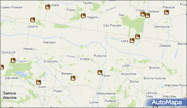 mapa Rydzyna gmina Świnice Warckie, Rydzyna gmina Świnice Warckie na mapie Targeo