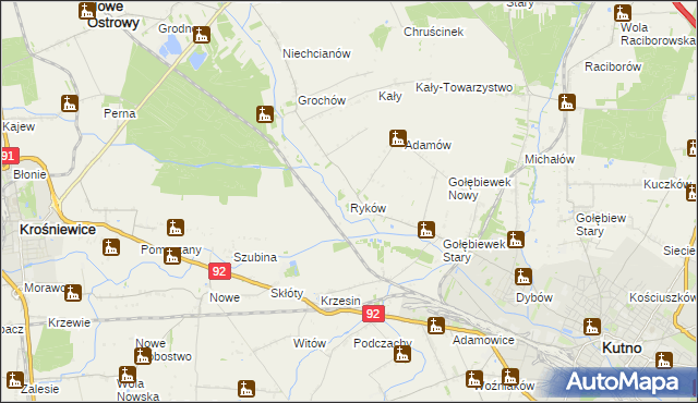 mapa Ryków gmina Kutno, Ryków gmina Kutno na mapie Targeo