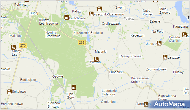 mapa Rysiny gmina Kłodawa, Rysiny gmina Kłodawa na mapie Targeo