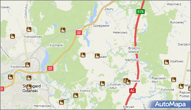 mapa Rywałd gmina Starogard Gdański, Rywałd gmina Starogard Gdański na mapie Targeo