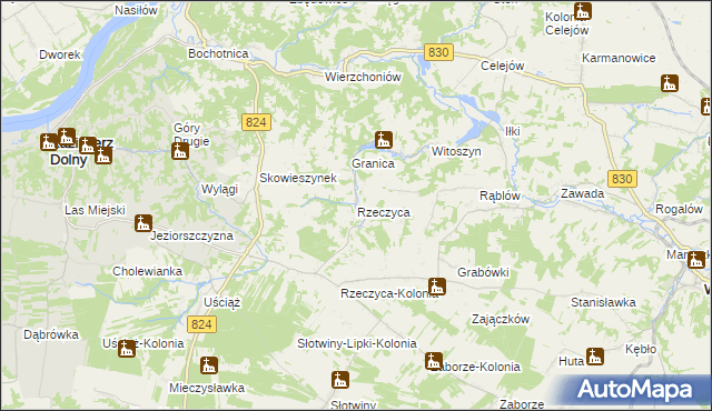 mapa Rzeczyca gmina Kazimierz Dolny, Rzeczyca gmina Kazimierz Dolny na mapie Targeo