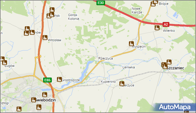 mapa Rzeczyca gmina Świebodzin, Rzeczyca gmina Świebodzin na mapie Targeo