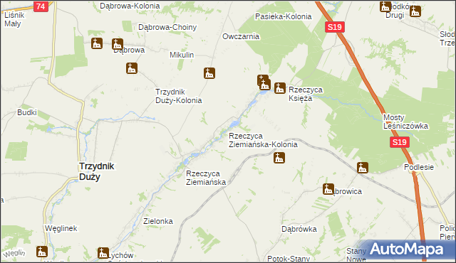 mapa Rzeczyca Ziemiańska-Kolonia, Rzeczyca Ziemiańska-Kolonia na mapie Targeo