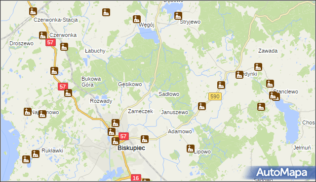 mapa Sadłowo gmina Biskupiec, Sadłowo gmina Biskupiec na mapie Targeo