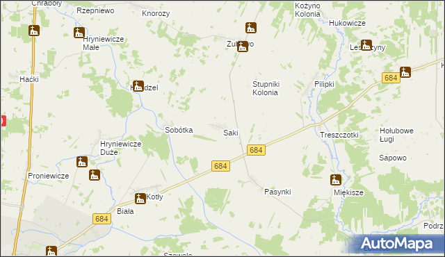 mapa Saki gmina Bielsk Podlaski, Saki gmina Bielsk Podlaski na mapie Targeo