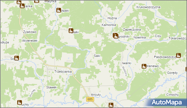 mapa Saki gmina Narew, Saki gmina Narew na mapie Targeo