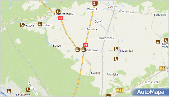 mapa Sarbinowo gmina Dębno, Sarbinowo gmina Dębno na mapie Targeo