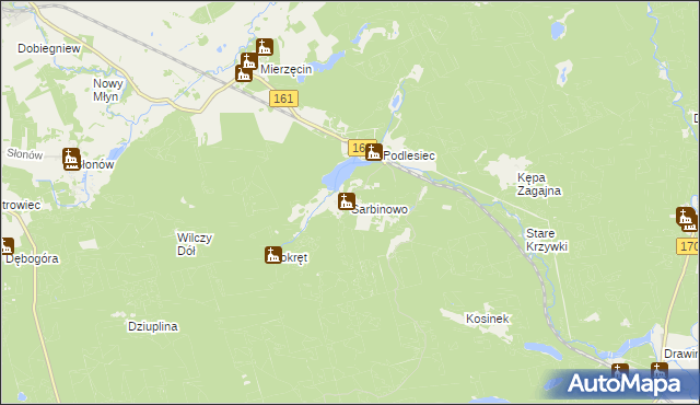 mapa Sarbinowo gmina Dobiegniew, Sarbinowo gmina Dobiegniew na mapie Targeo