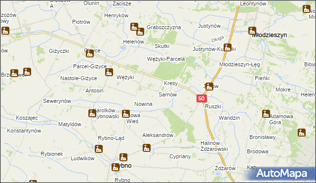 mapa Sarnów gmina Rybno, Sarnów gmina Rybno na mapie Targeo