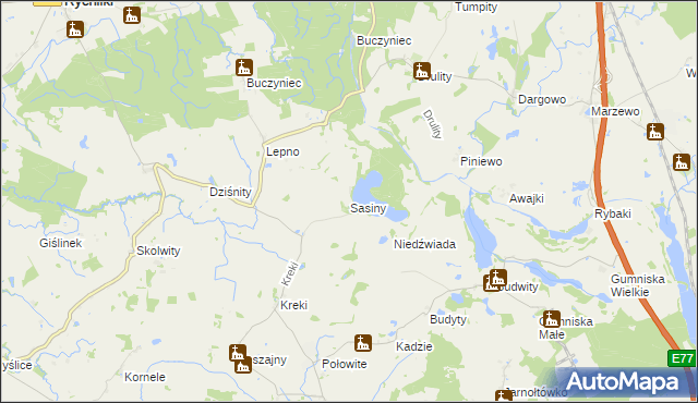 mapa Sasiny gmina Małdyty, Sasiny gmina Małdyty na mapie Targeo