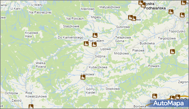 mapa Sidzina gmina Bystra-Sidzina, Sidzina gmina Bystra-Sidzina na mapie Targeo