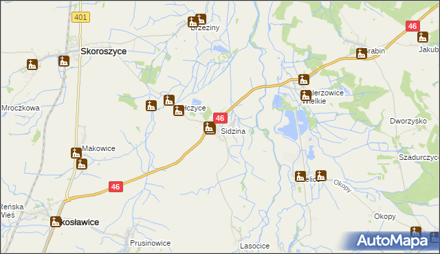 mapa Sidzina gmina Skoroszyce, Sidzina gmina Skoroszyce na mapie Targeo