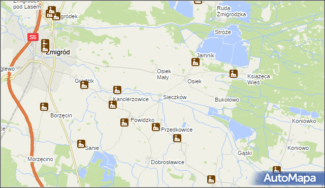 mapa Sieczków gmina Żmigród, Sieczków gmina Żmigród na mapie Targeo