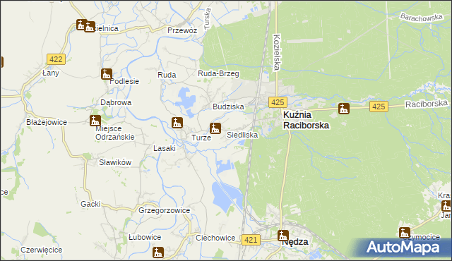 mapa Siedliska gmina Kuźnia Raciborska, Siedliska gmina Kuźnia Raciborska na mapie Targeo