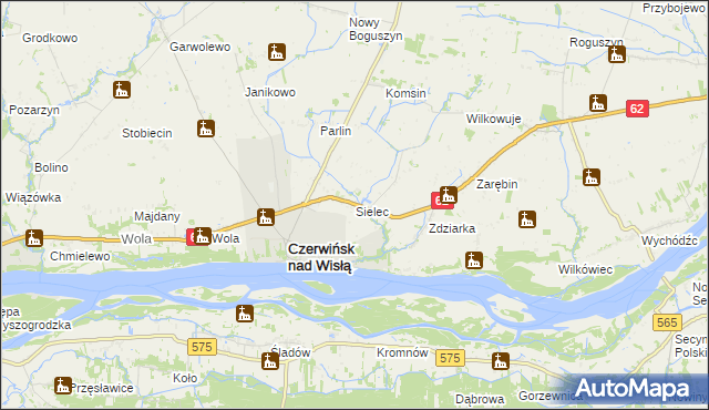 mapa Sielec gmina Czerwińsk nad Wisłą, Sielec gmina Czerwińsk nad Wisłą na mapie Targeo