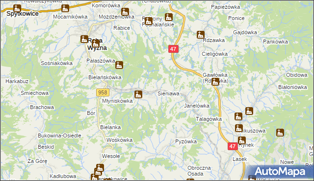 mapa Sieniawa gmina Raba Wyżna, Sieniawa gmina Raba Wyżna na mapie Targeo