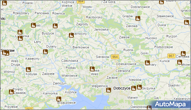 mapa Sieraków gmina Dobczyce, Sieraków gmina Dobczyce na mapie Targeo