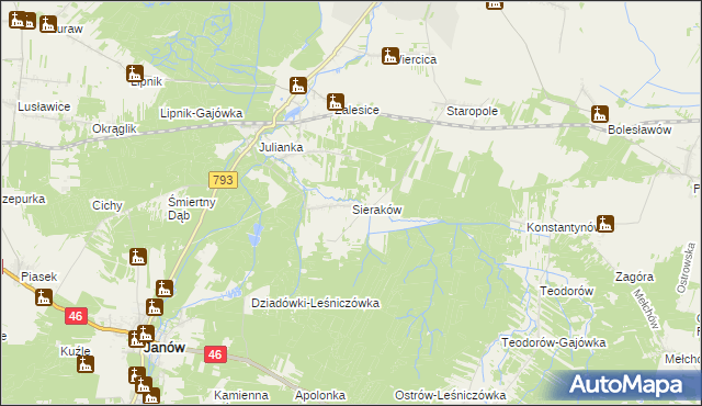 mapa Sieraków gmina Przyrów, Sieraków gmina Przyrów na mapie Targeo