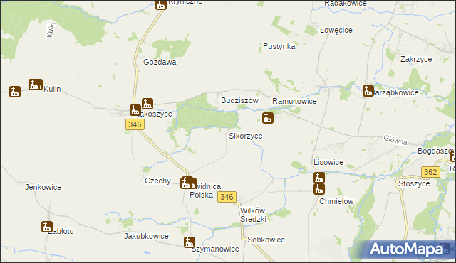 mapa Sikorzyce gmina Kostomłoty, Sikorzyce gmina Kostomłoty na mapie Targeo