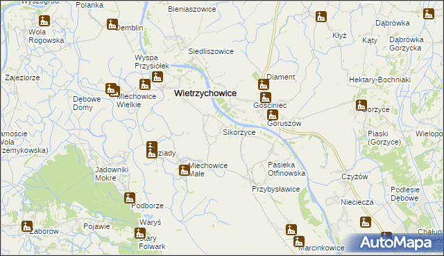 mapa Sikorzyce gmina Wietrzychowice, Sikorzyce gmina Wietrzychowice na mapie Targeo